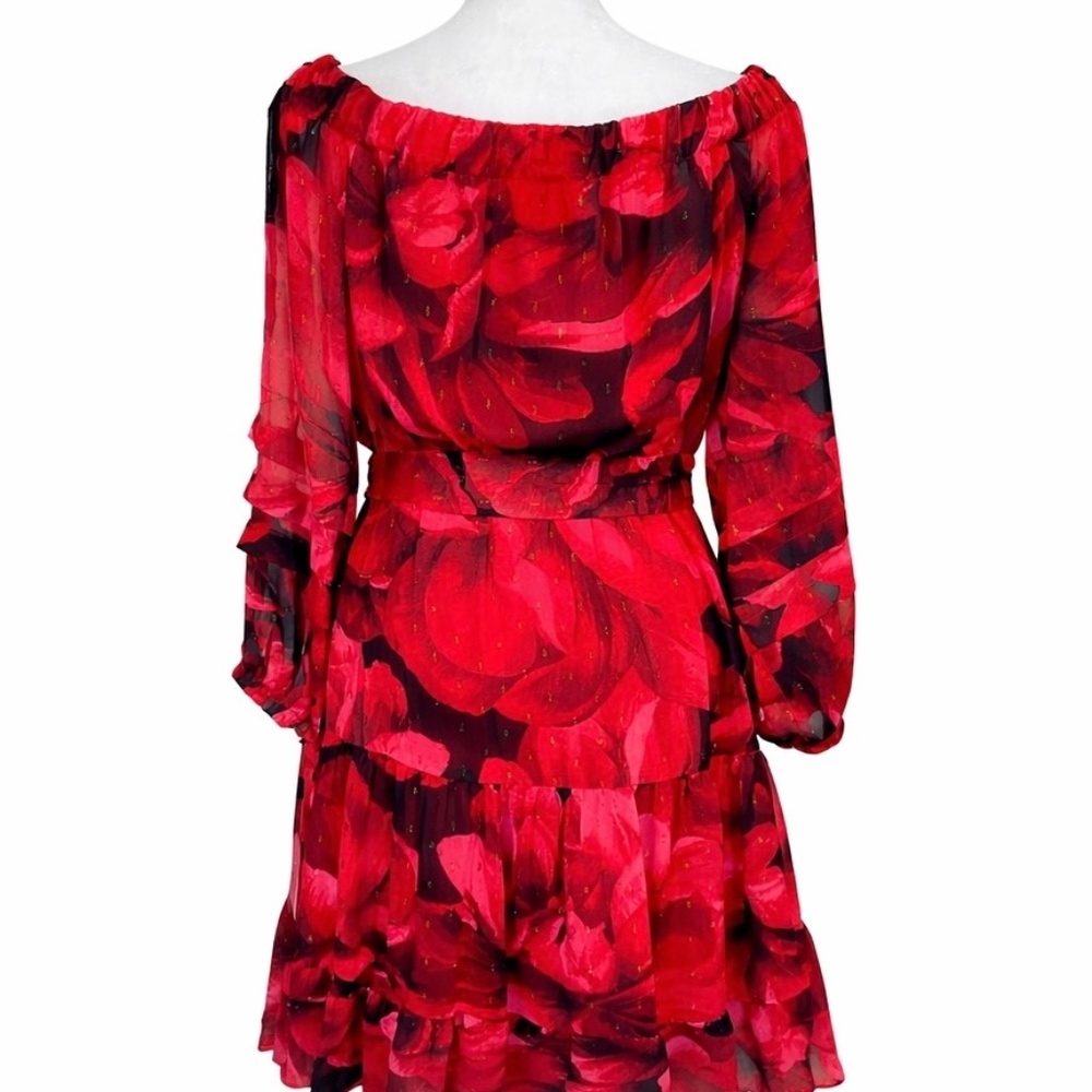 Calvin Klein Red Floral Off Shoulder Midi Dress Tiered Long Sleeve Size 6